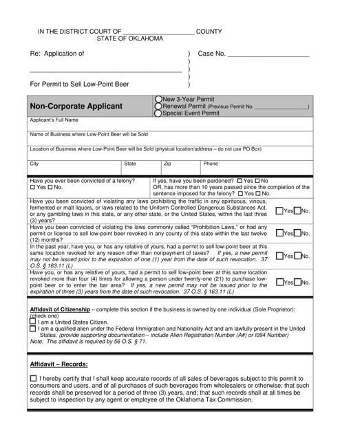 Application for Permit to Sell Low-Point Beer - Non-corporate Applicant - Oklahoma Download Pdf