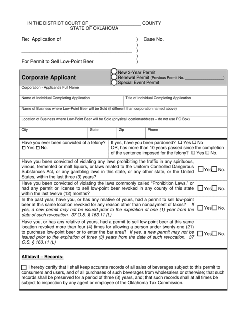 Application for Permit to Sell Low-Point Beer - Corporate Applicant - Oklahoma Download Pdf