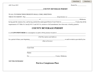 Document preview: County Beverage Permit - Oklahoma