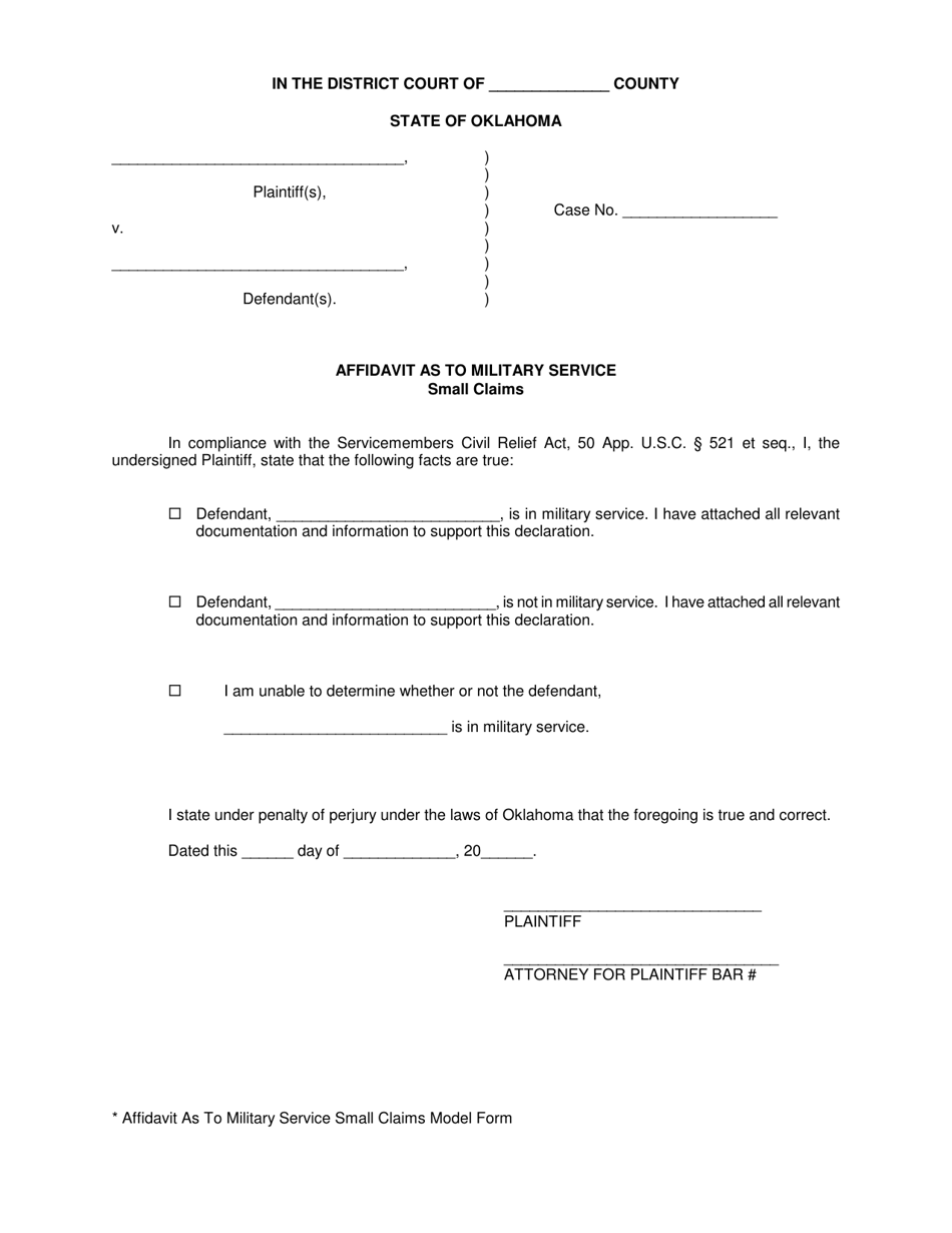Affidavit as to Military Service Small Claims Model Form - Oklahoma, Page 1