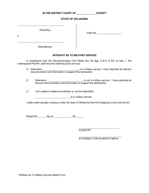 Affidavit as to Military Service Model Form - Oklahoma Download Pdf
