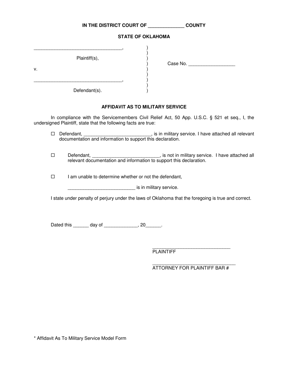 Affidavit as to Military Service Model Form - Oklahoma, Page 1