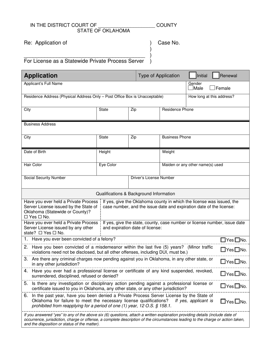 Application for License as a Statewide Private Process Server - Oklahoma, Page 1