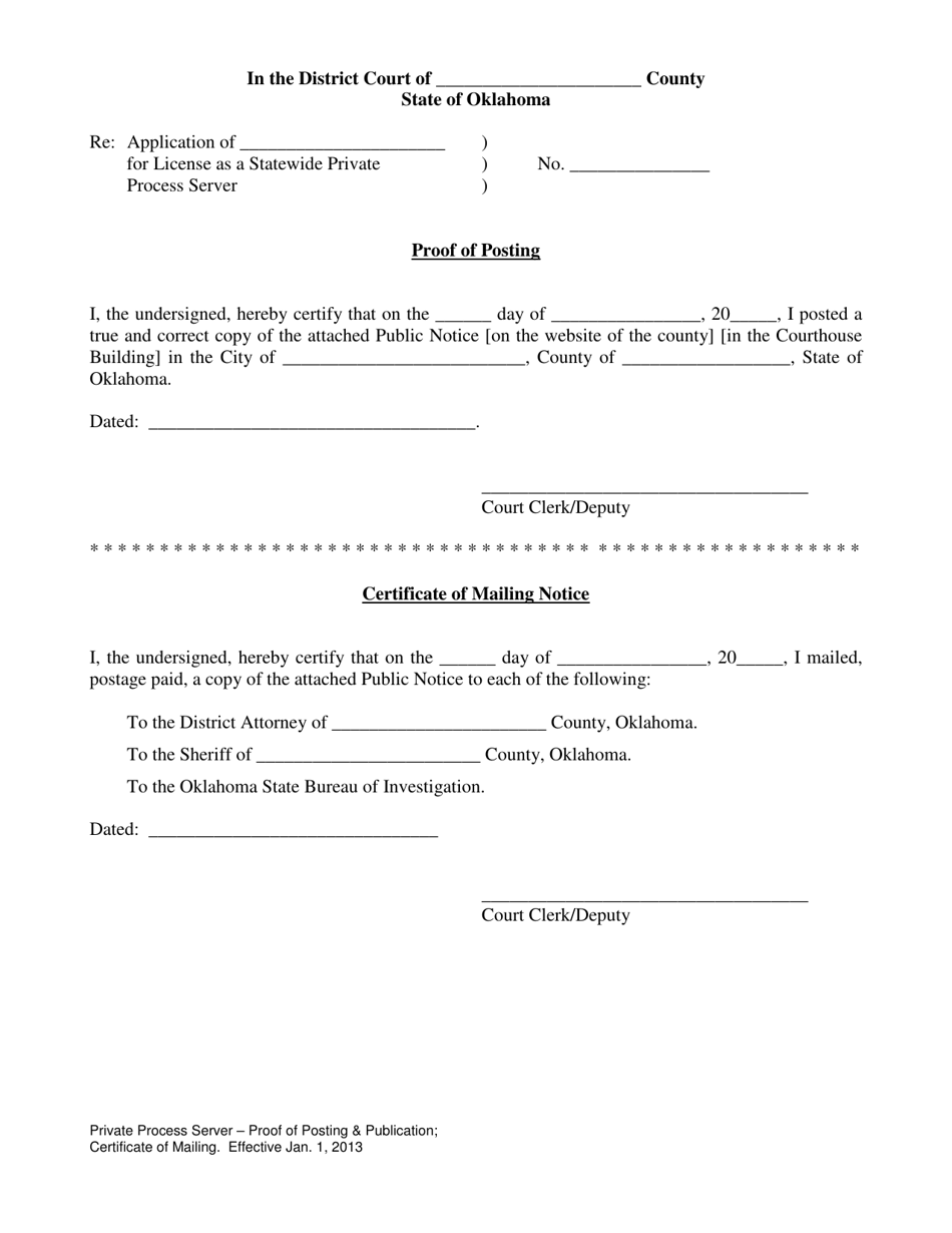 Proof of Posting and Certificate of Mailing Notice - Oklahoma, Page 1