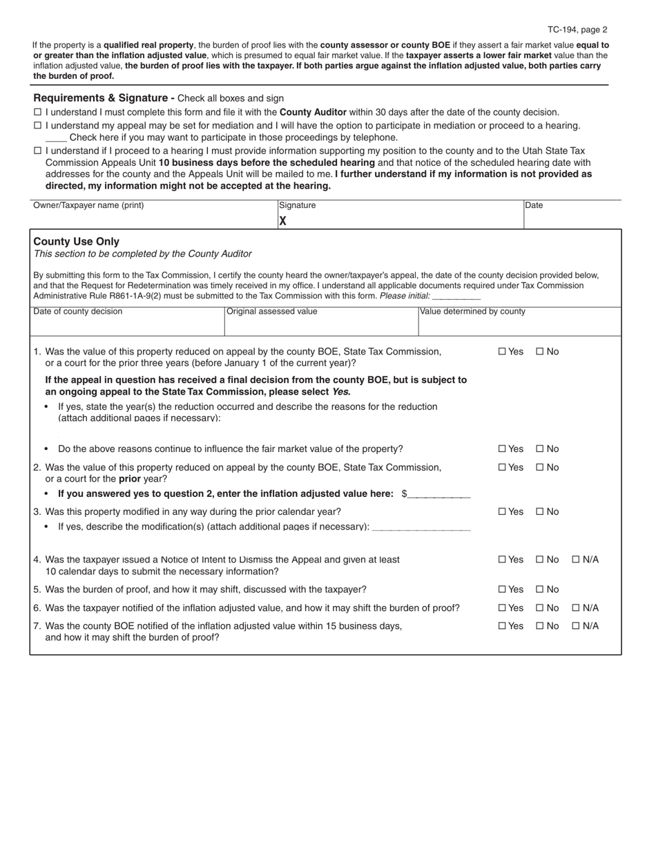 Form TC-194 Request for Redetermination of County Decision - Utah, Page 2