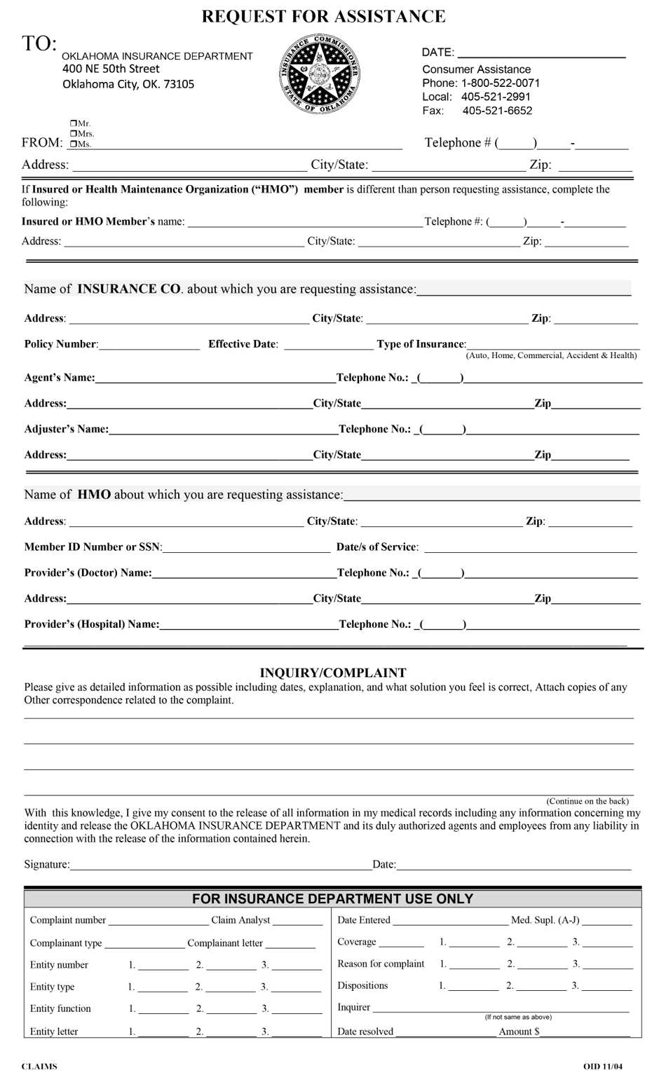 Request for Assistance - Oklahoma, Page 1