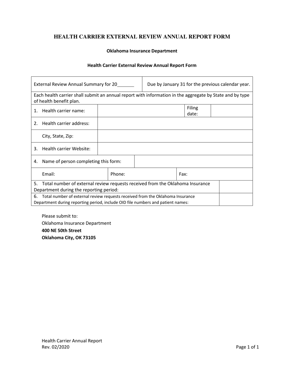 Health Carrier External Review Annual Report Form - Oklahoma, Page 1