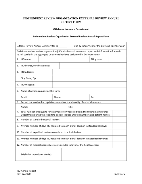 Independent Review Organization External Review Annual Report Form - Oklahoma Download Pdf