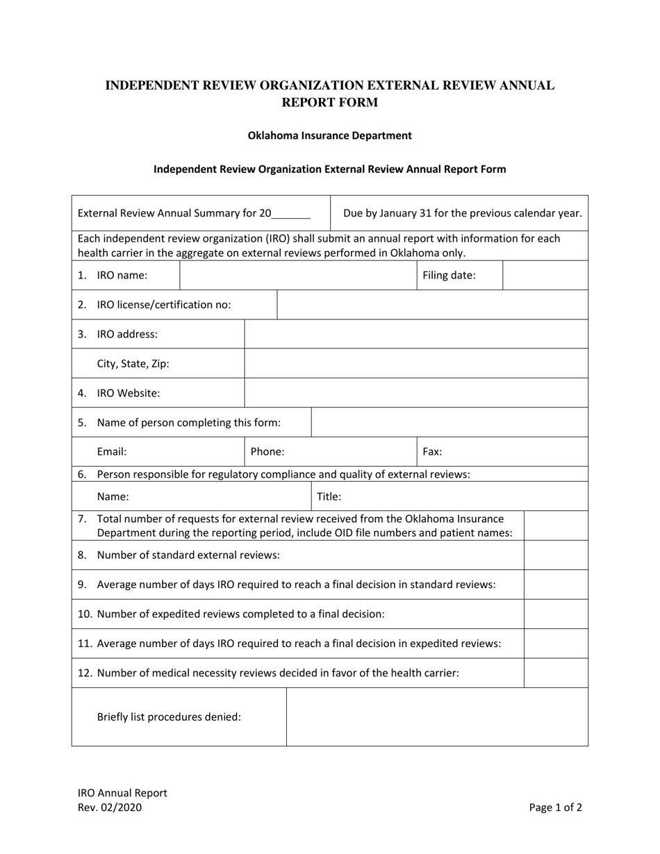Independent Review Organization External Review Annual Report Form - Oklahoma, Page 1