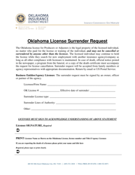 Document preview: Oklahoma License Surrender Request - Oklahoma
