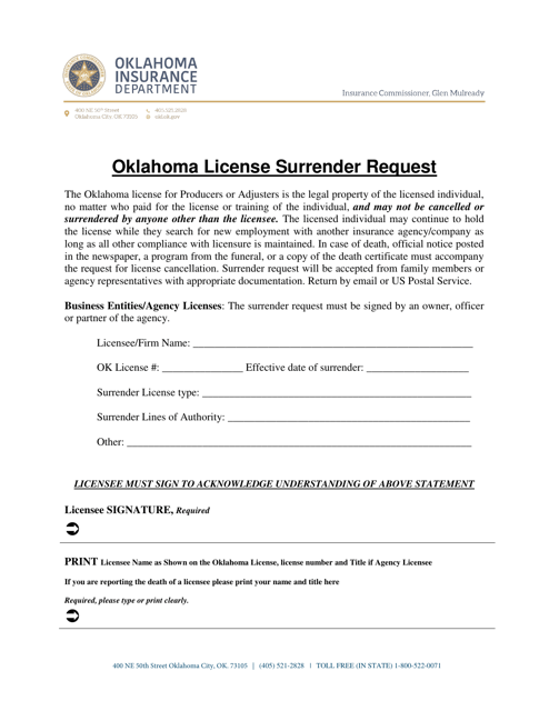 Oklahoma License Surrender Request - Oklahoma