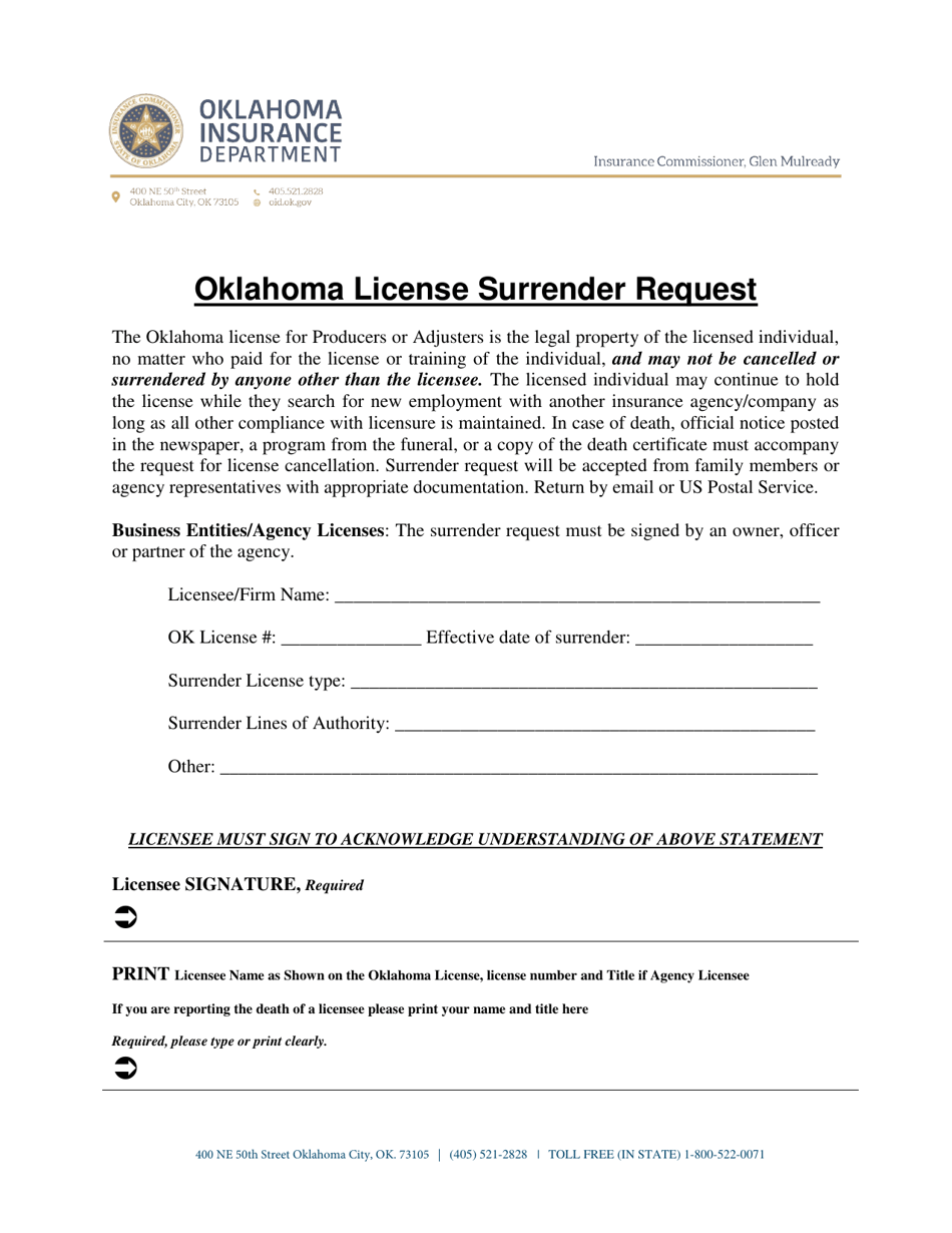 Oklahoma License Surrender Request - Oklahoma, Page 1