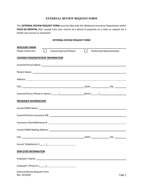 External Review Request Form - Oklahoma Download Pdf