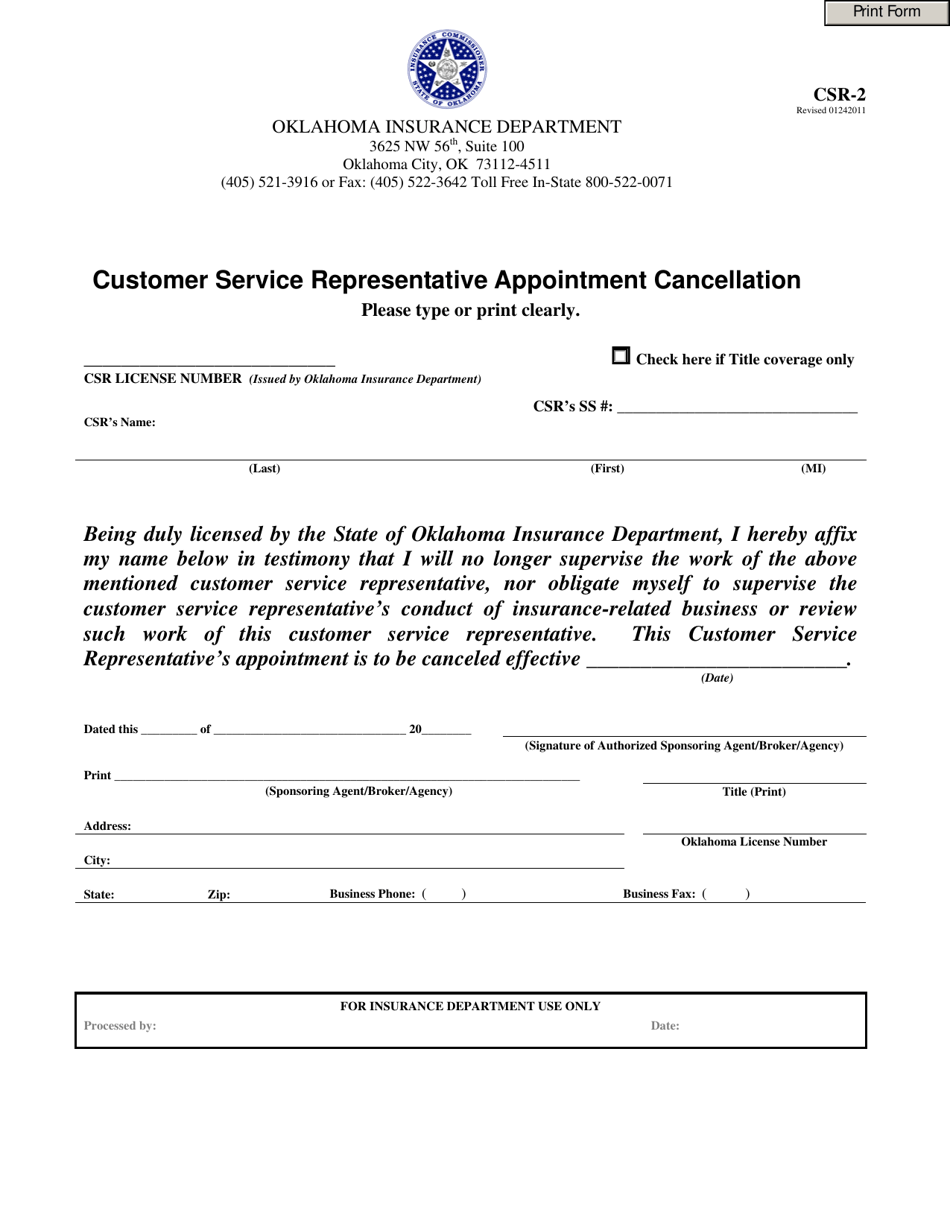 Form CSR-2 Customer Service Representative Appointment Cancellation - Oklahoma, Page 1