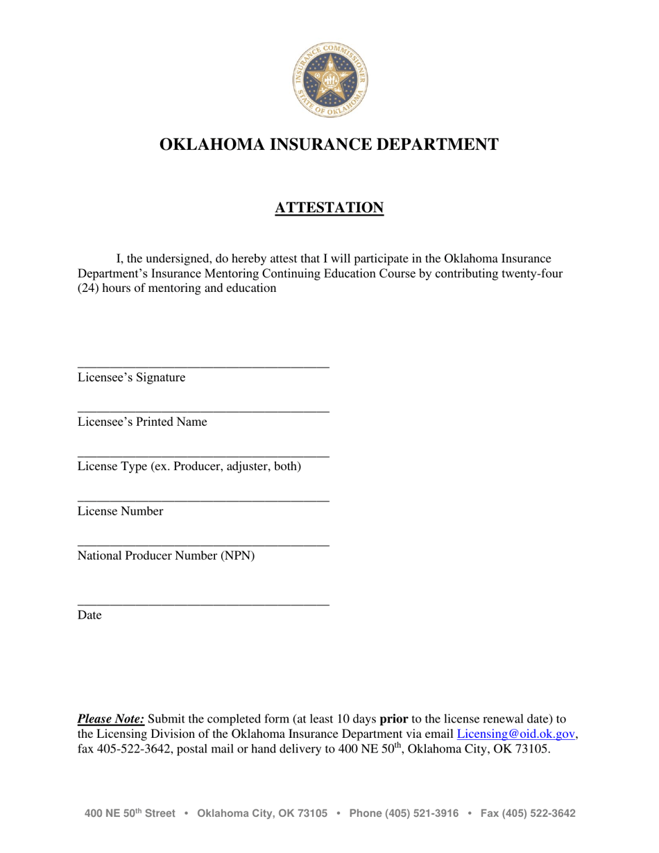 Insurance Mentoring Continuing Education Course Attestation - Oklahoma, Page 2