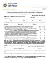 Document preview: Form CSR-1 Customer Service Representative Appointment - Oklahoma