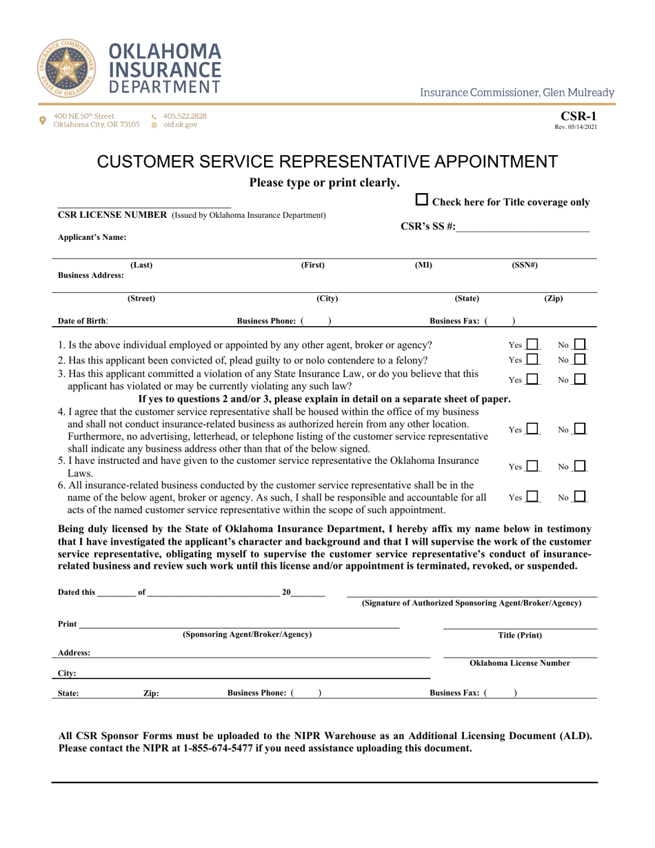 Form CSR-1 - Fill Out, Sign Online and Download Fillable PDF, Oklahoma ...