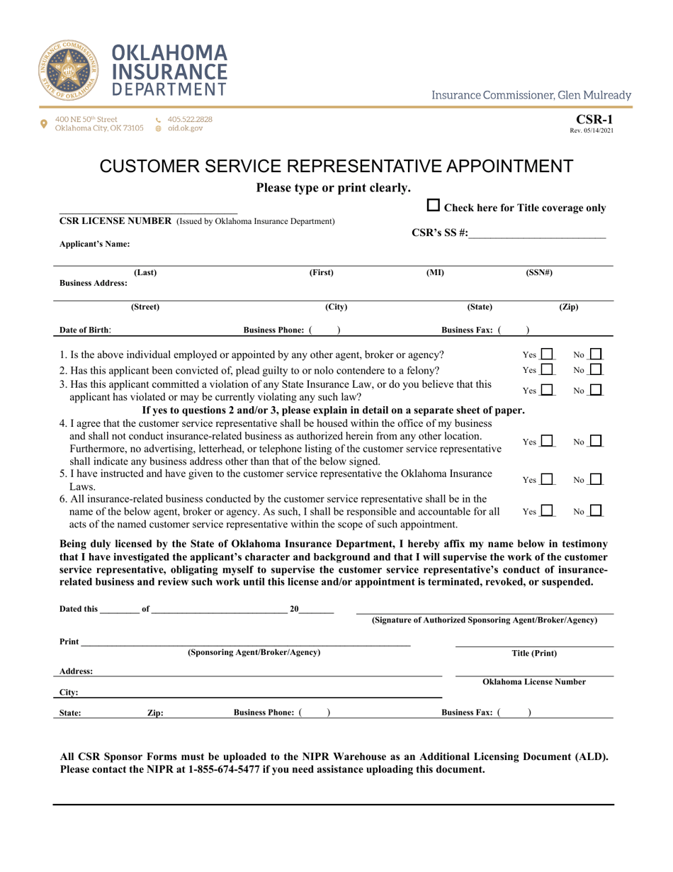Form CSR-1 Customer Service Representative Appointment - Oklahoma, Page 1