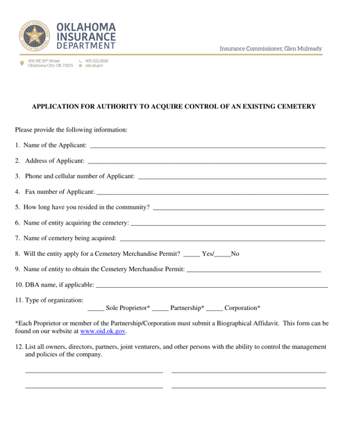 Application for Authority to Acquire Control of an Existing Cemetery - Oklahoma Download Pdf