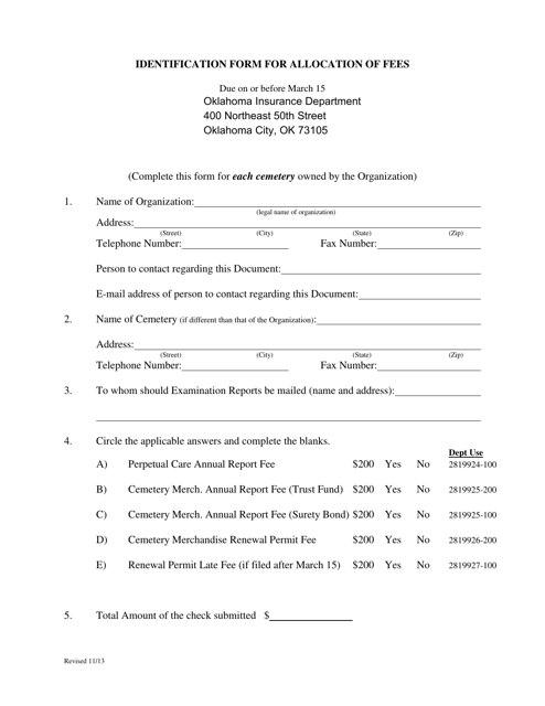 Identification Form for Allocation of Fees - Oklahoma Download Pdf