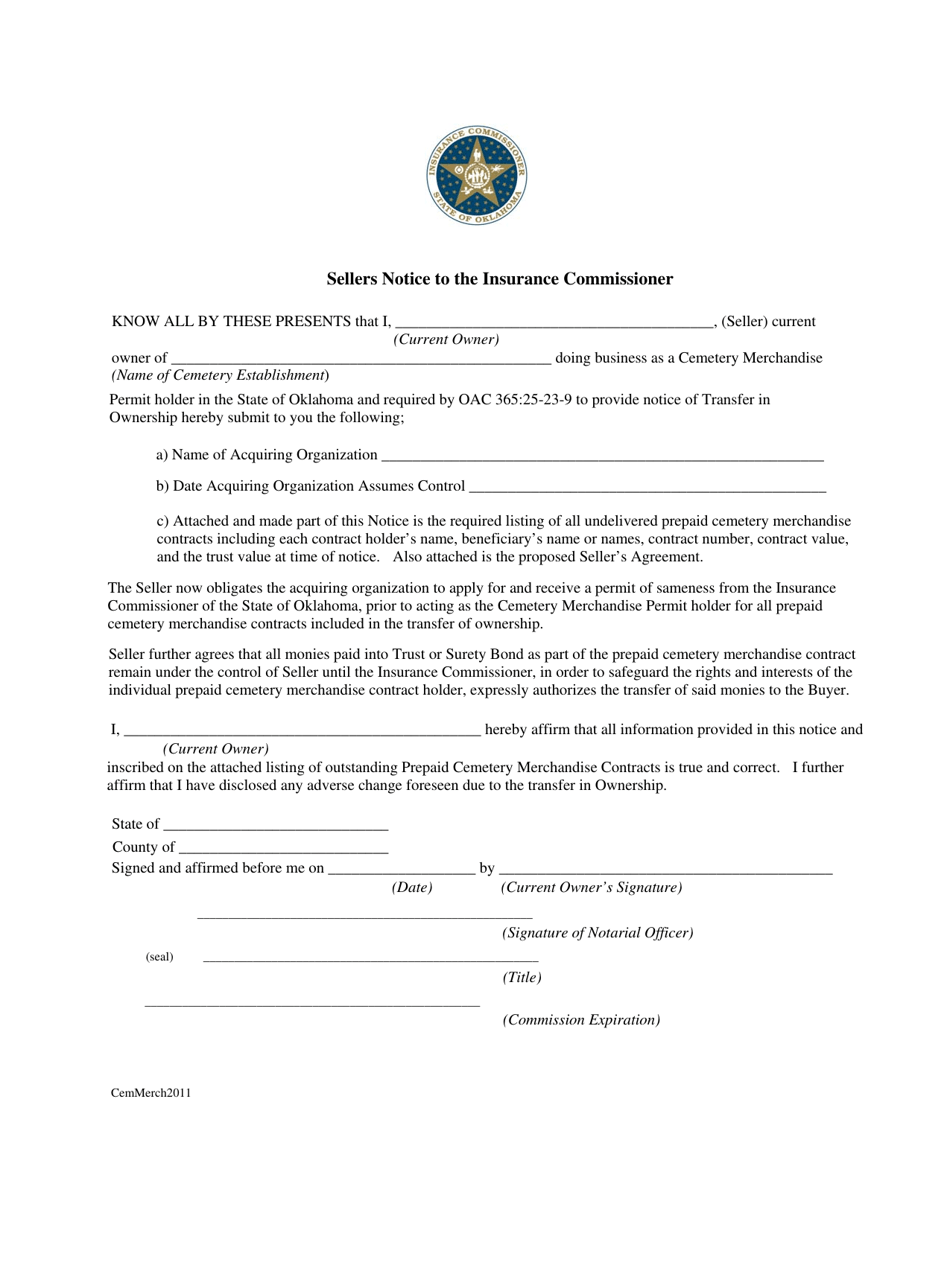 Sellers Notice to the Insurance Commissioner (Cmt) - Oklahoma, Page 1