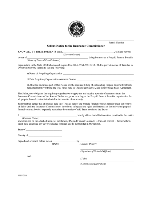 Sellers Notice to the Insurance Commissioner - Oklahoma Download Pdf