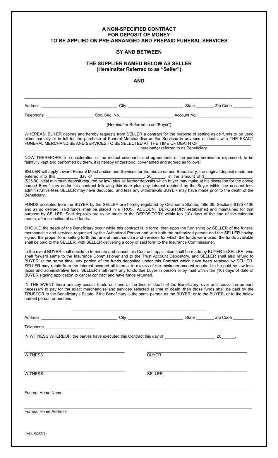 A Non-specified Contract for Deposit of Money to Be Applied on Pre-arranged and Prepaid Funeral Services - Oklahoma, Page 1