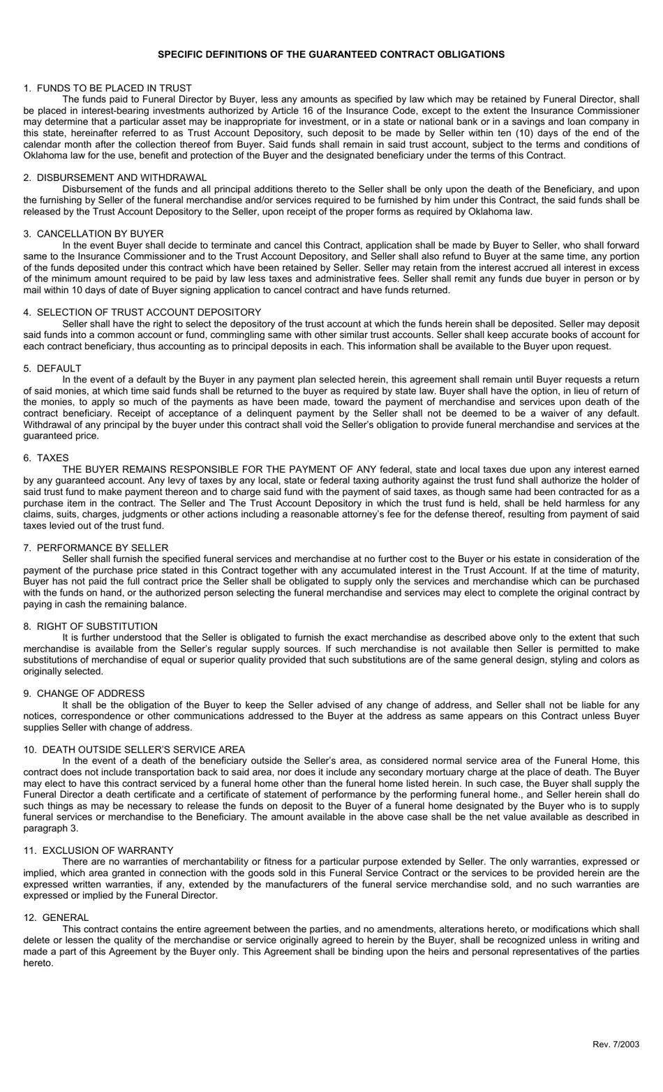 A Guaranteed Contract for Prepaid Preneed Funeral Merchandise and Services - Oklahoma, Page 2