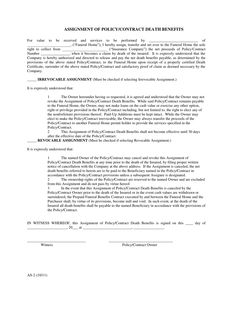 Form AS-2 Assignment of Policy / Contract Death Benefits - Oklahoma, Page 1