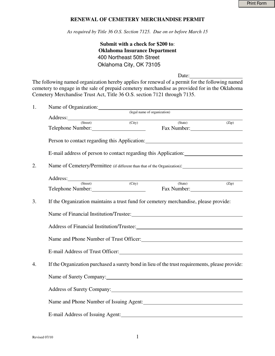 Renewal of Cemetery Merchandise Permit - Oklahoma, Page 1