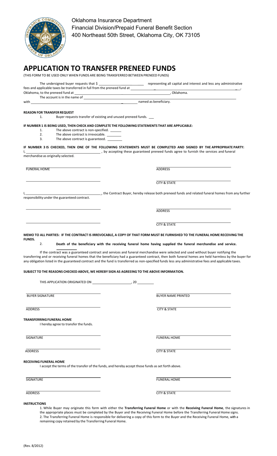 Application to Transfer Preneed Funds - Oklahoma, Page 1