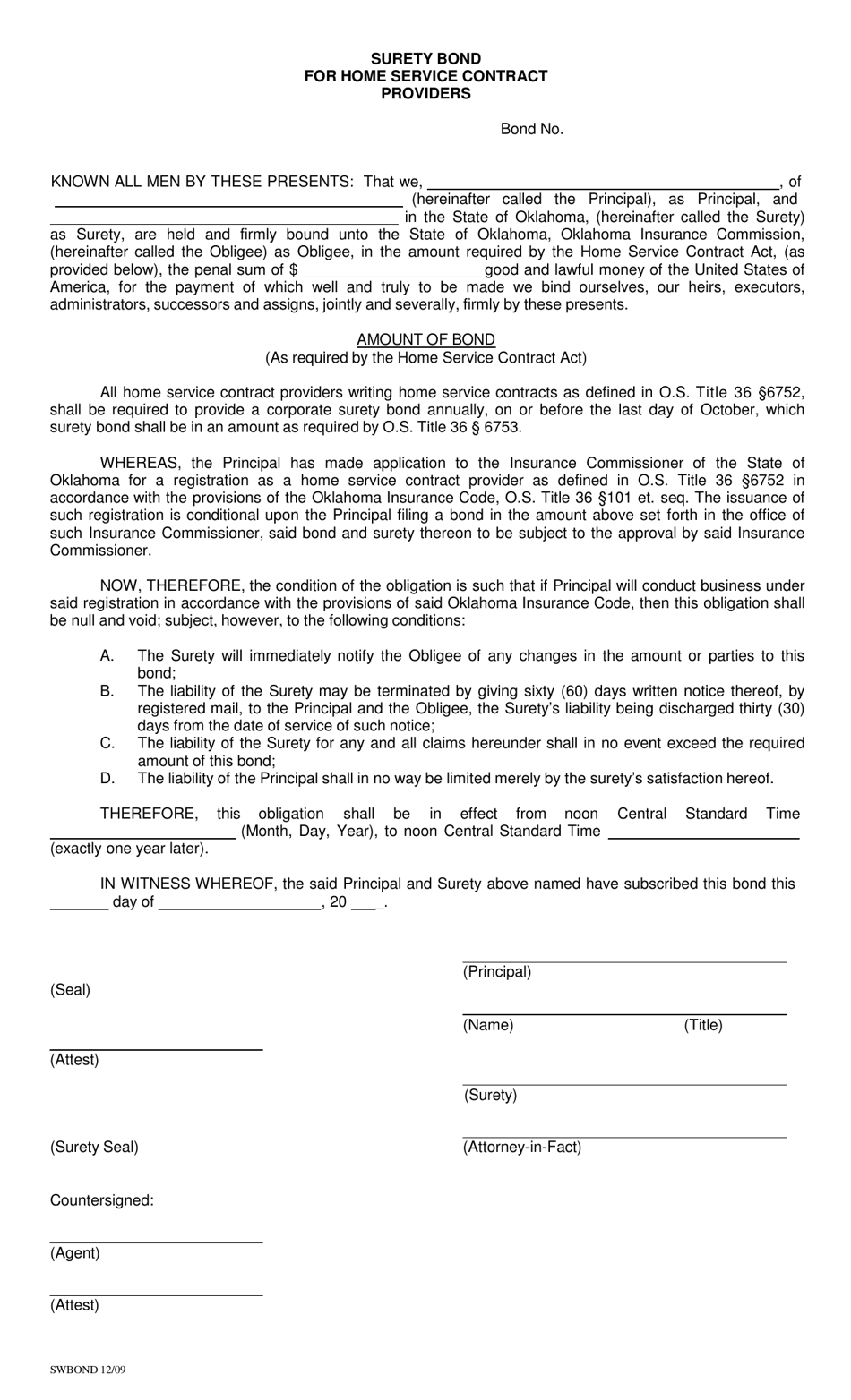 Surety Bond for Home Service Contract Providers - Oklahoma, Page 1