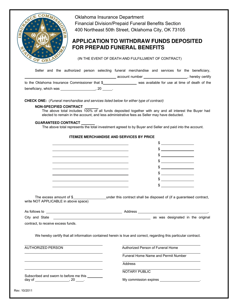 Application to Withdraw Funds Deposited for Prepaid Funeral Benefits - Oklahoma, Page 1
