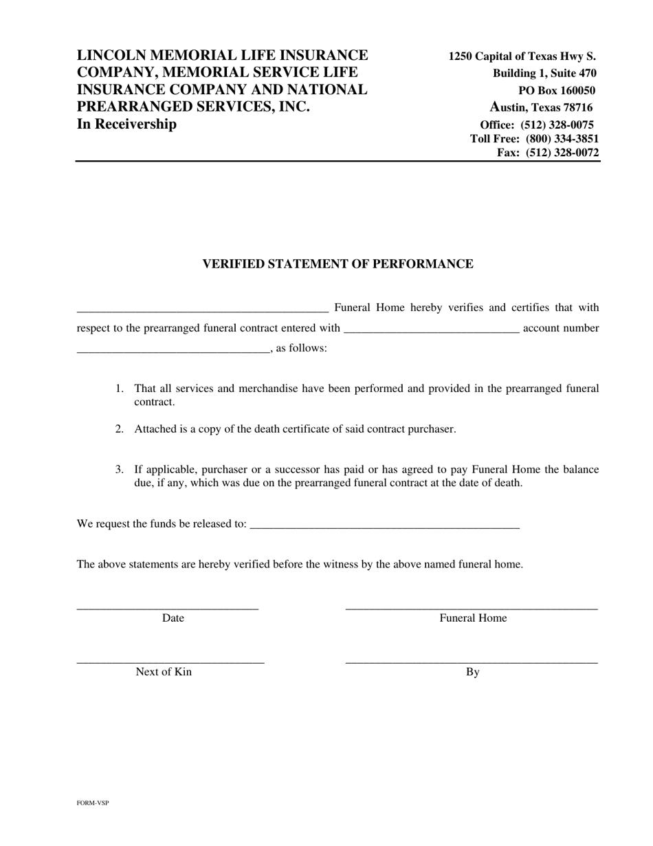 Form VSP Verified Statement of Performance - Oklahoma, Page 1