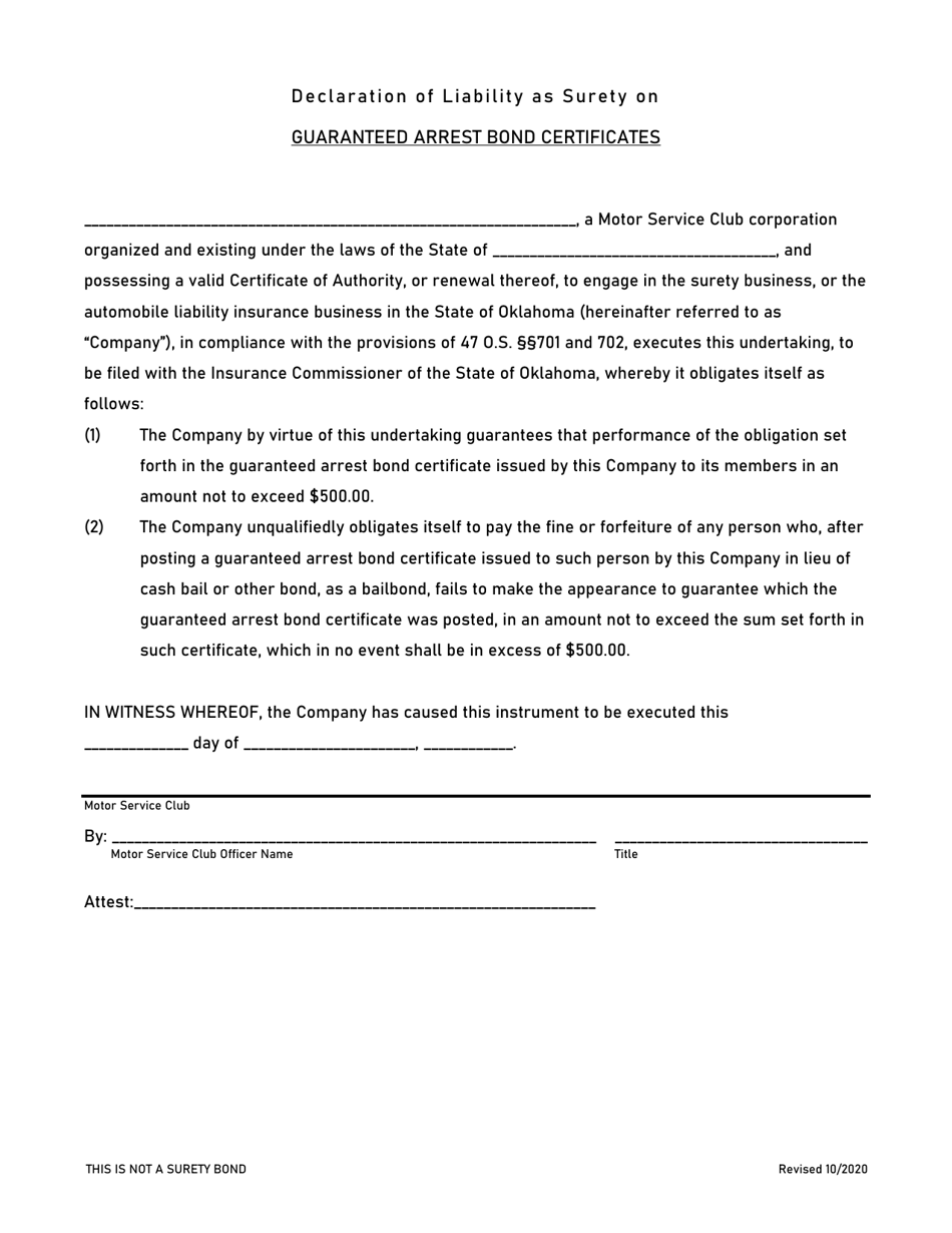 Declaration of Liability as Surety on Guaranteed Arrest Bond Certificates - Oklahoma, Page 1