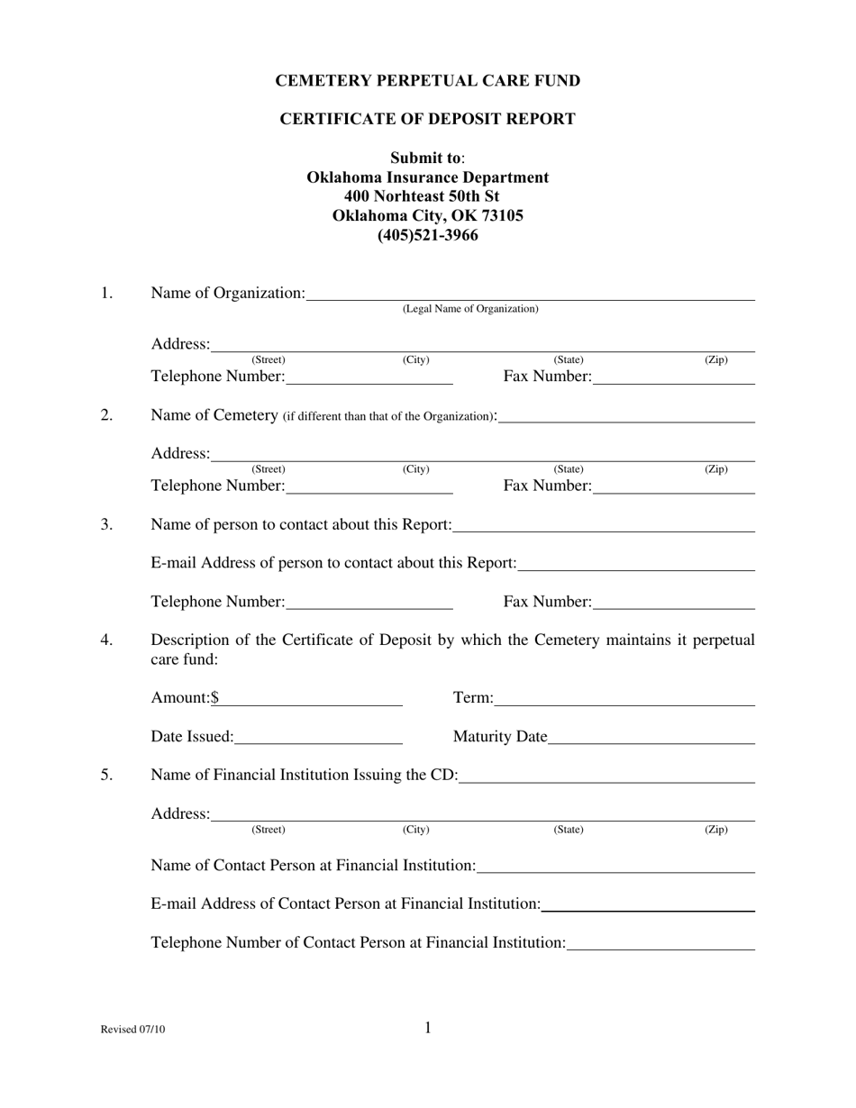 Cemetery Perpetual Care Fund Certificate of Deposit Report - Oklahoma, Page 1