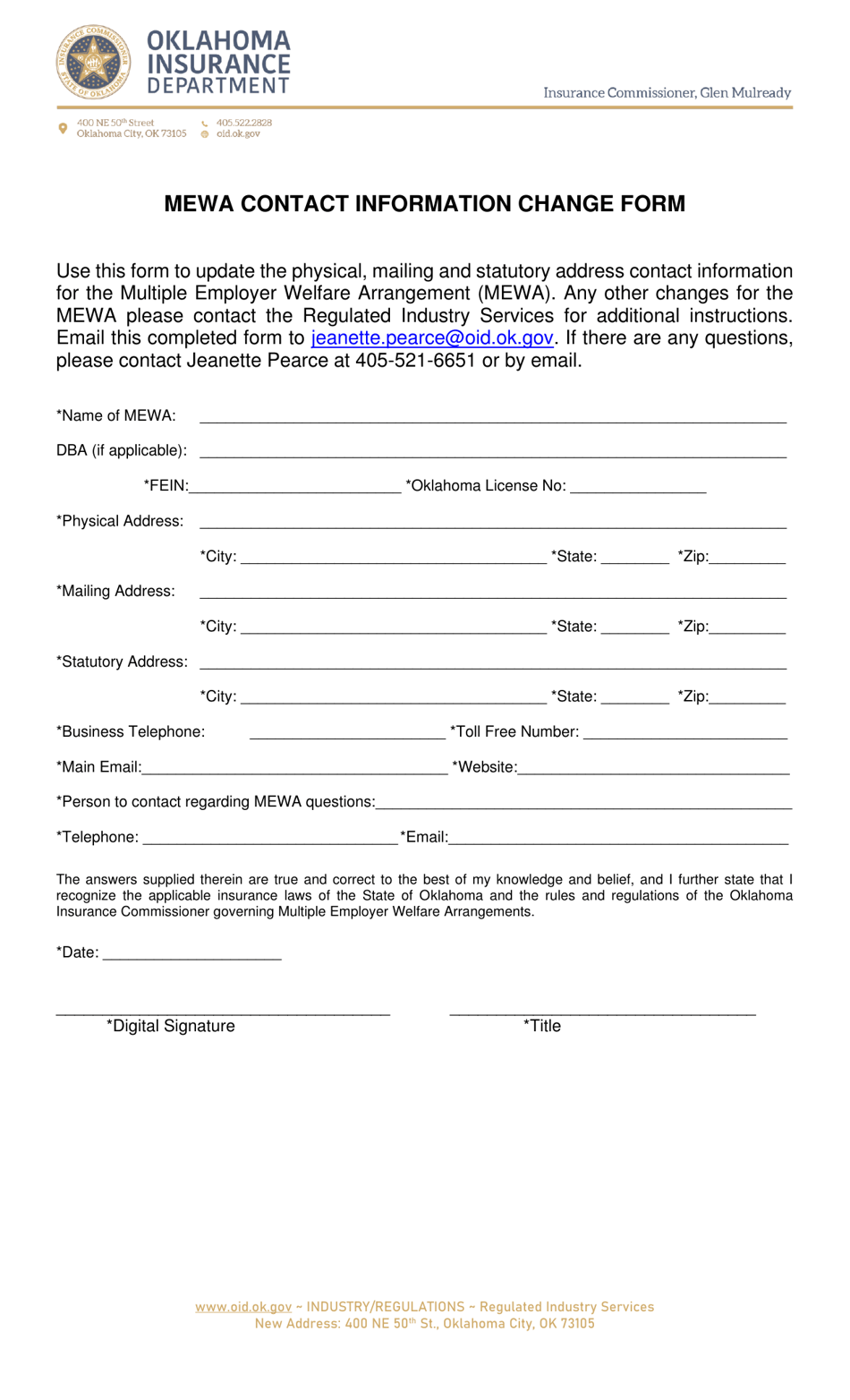 Mewa Contact Information Change Form - Oklahoma, Page 1