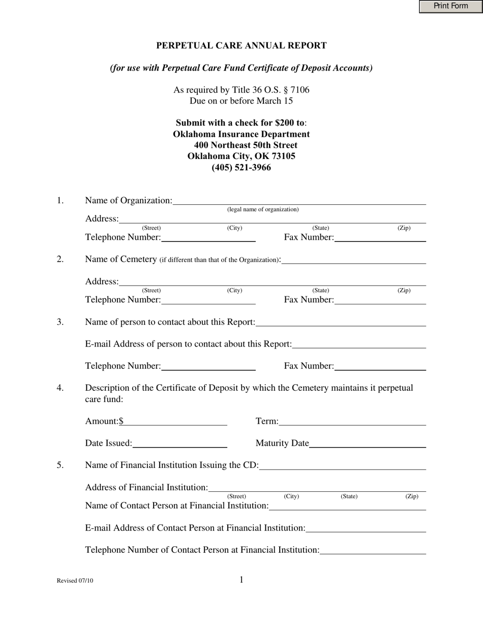 Perpetual Care Annual Report (For Use With Perpetual Care Fund Certificate of Deposit Accounts) - Oklahoma, Page 1