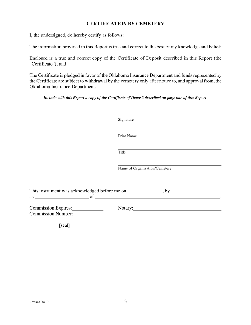 Perpetual Care Annual Report (For Use With Perpetual Care Fund Certificate of Deposit Accounts) - Oklahoma, Page 3