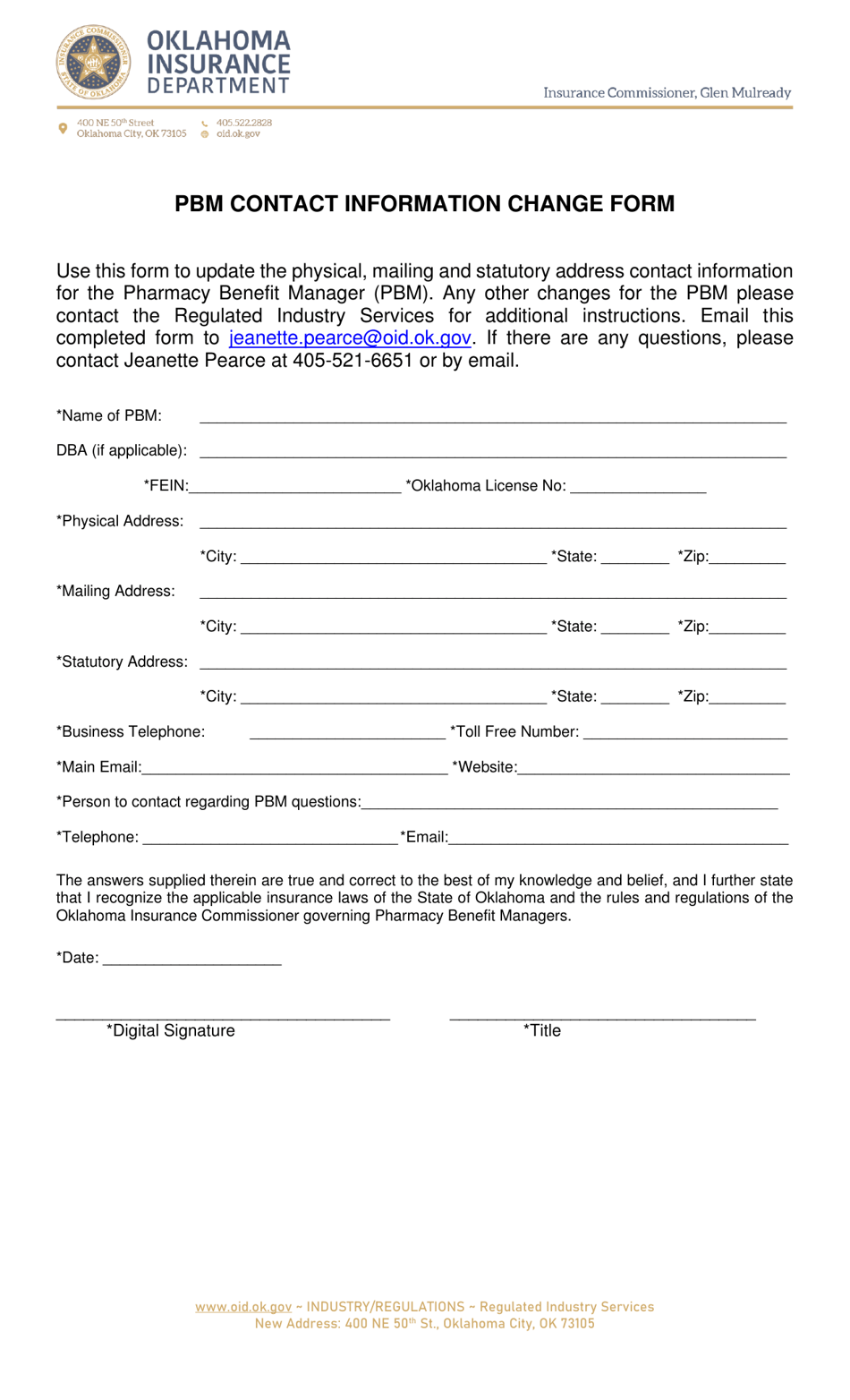 Pbm Contact Information Change Form - Oklahoma, Page 1