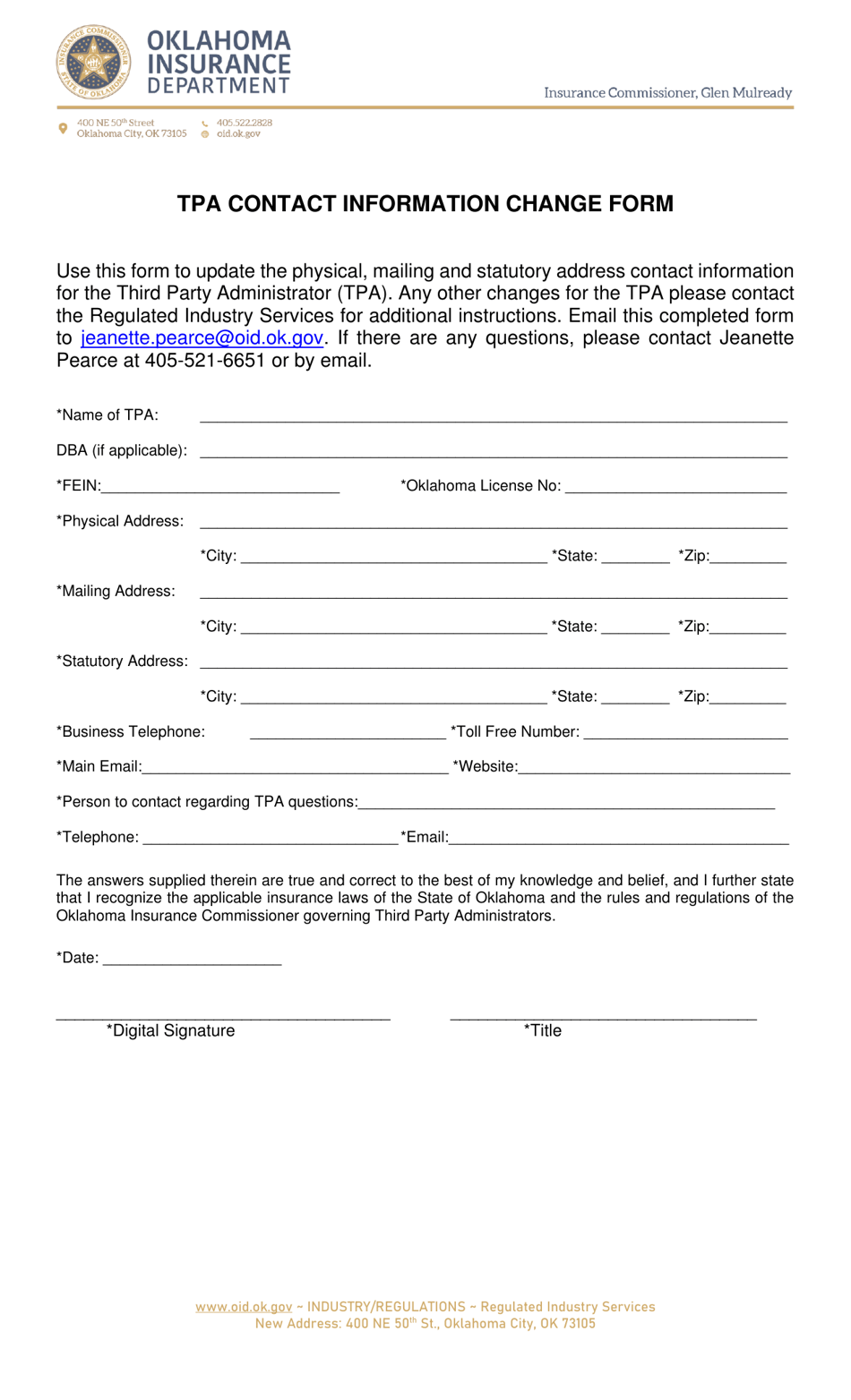 Tpa Contact Information Change Form - Oklahoma, Page 1