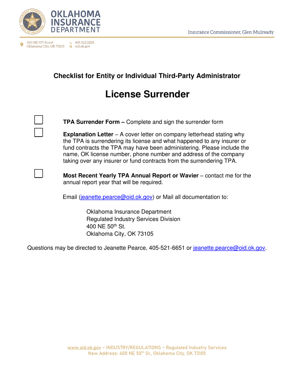 Oklahoma Tpa License Surrender Form - Oklahoma, Page 1