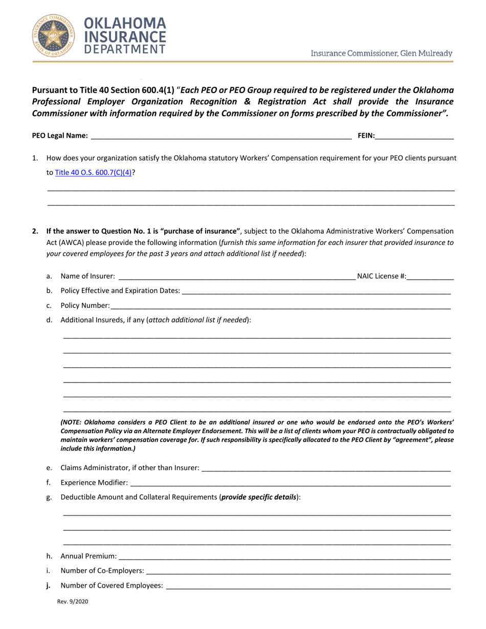 Workers Compensation Questionnaire - Oklahoma, Page 1