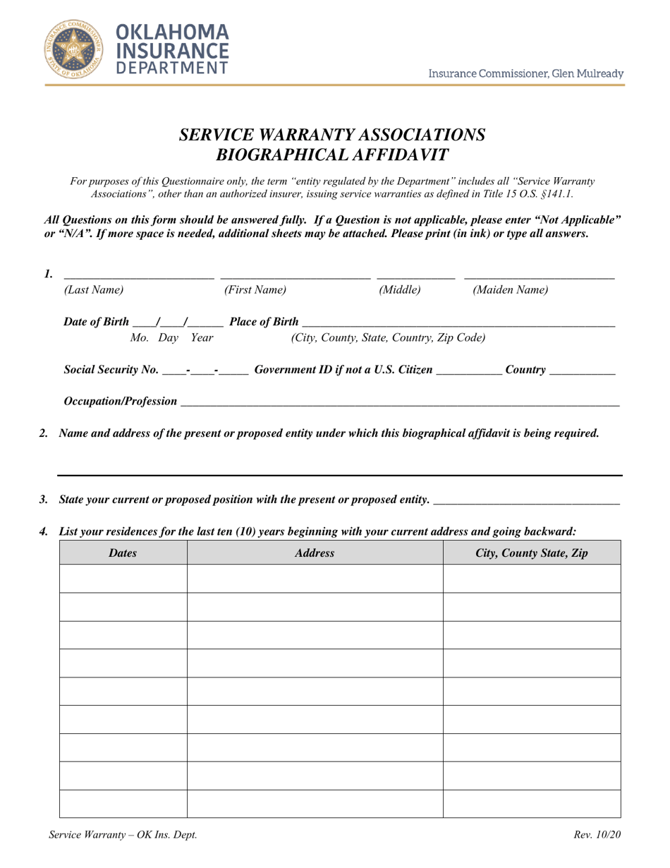 Service Warranty Associations Biographical Affidavit - Oklahoma, Page 1