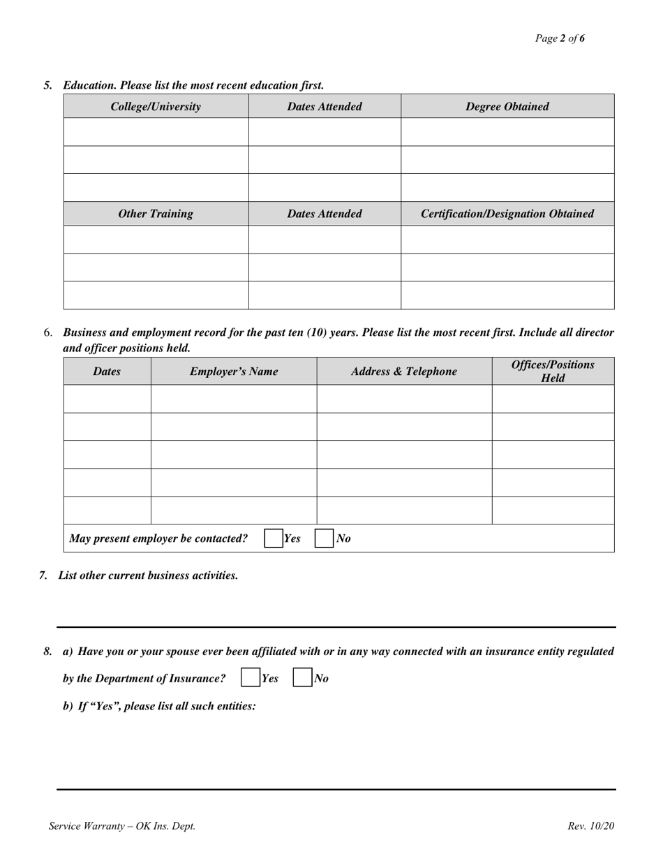 Service Warranty Associations Biographical Affidavit - Oklahoma, Page 2