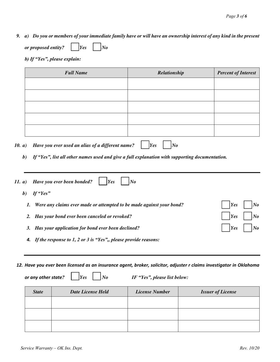 Service Warranty Associations Biographical Affidavit - Oklahoma, Page 3
