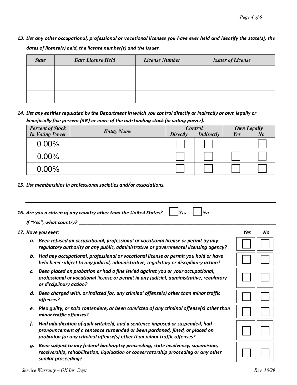 Service Warranty Associations Biographical Affidavit - Oklahoma, Page 4