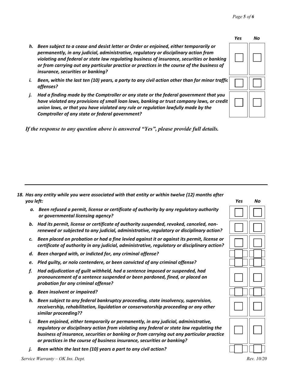 Service Warranty Associations Biographical Affidavit - Oklahoma, Page 5