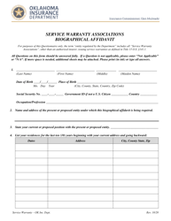 Service Warranty Associations Biographical Affidavit - Oklahoma