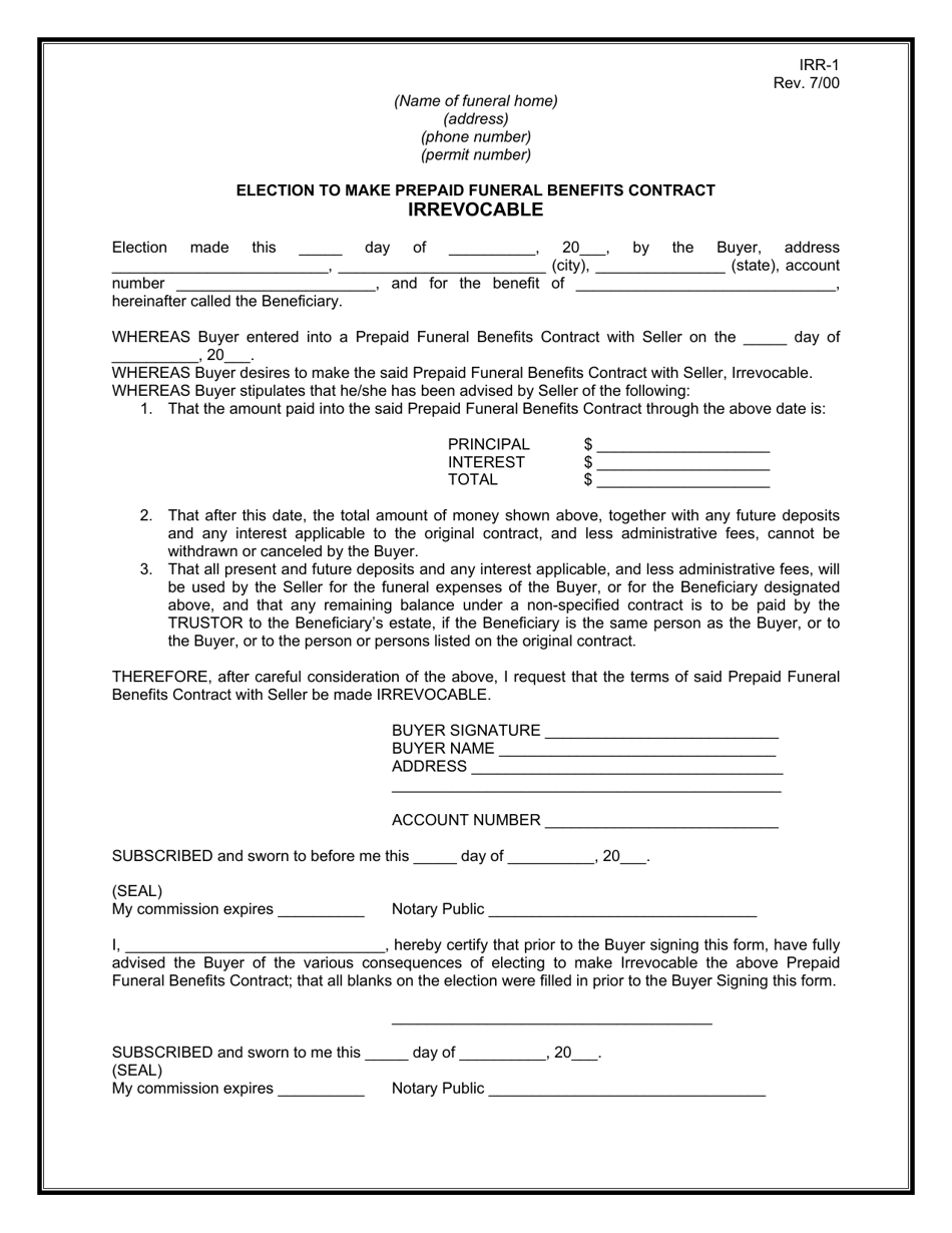 Form IRR-1 Election to Make Prepaid Funeral Benefits Contract Irrevocable - Oklahoma, Page 1